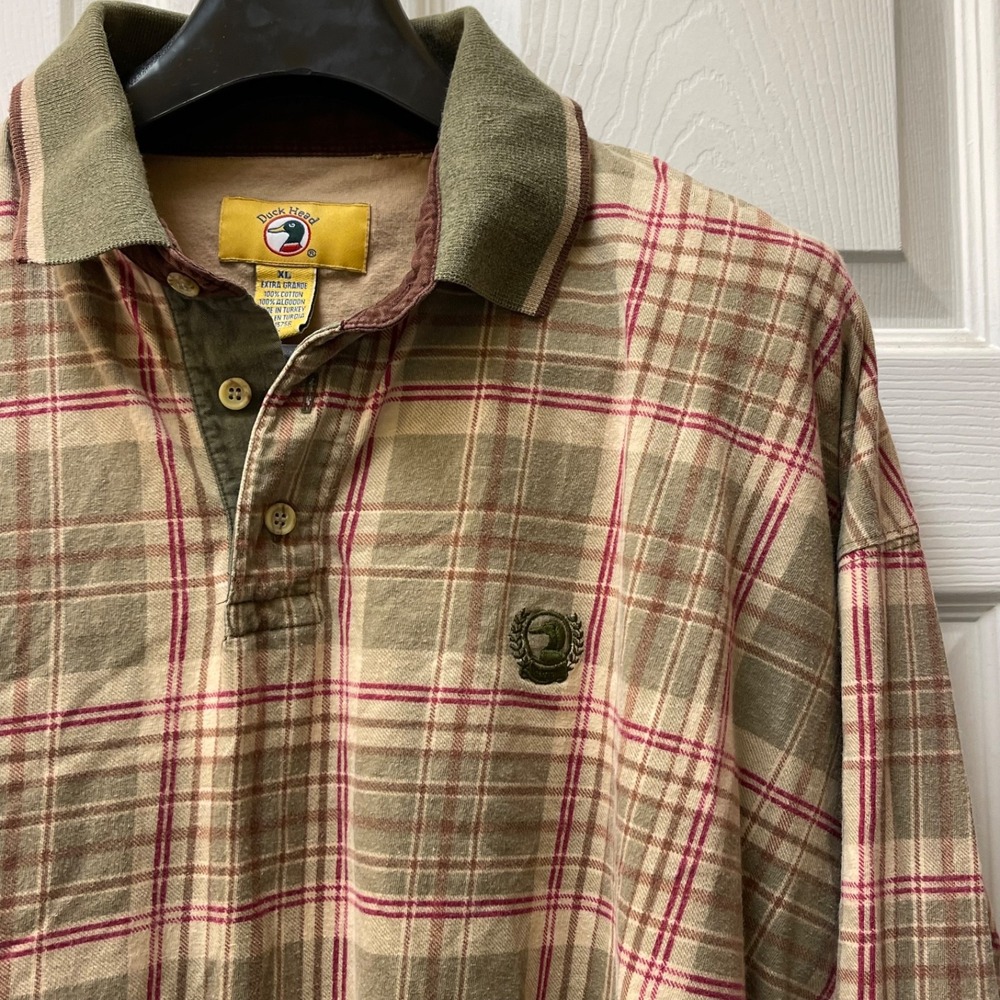 Vintage Duck Head Rugby Shirt‎ Mens XLarge Olive Plaid Long Sleeve Polo 90s